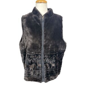 Vintage Bear Ridge Outfitters Faux Fur Vest Moose Motif Womens XL Zip Up